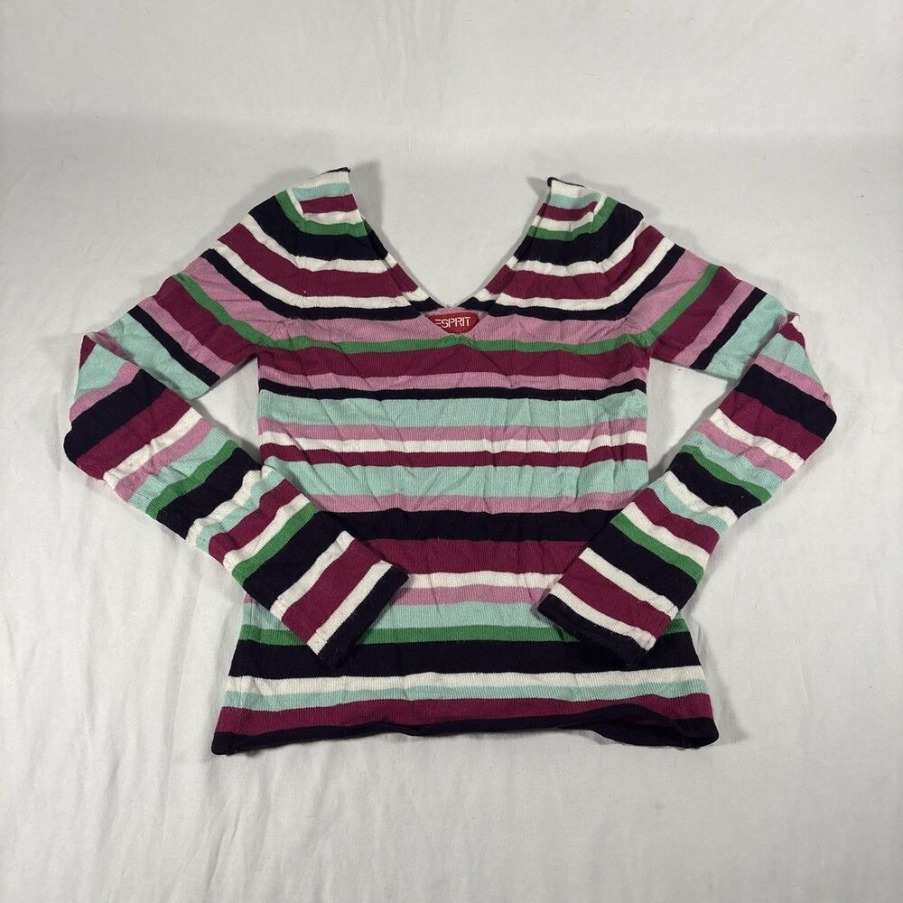 Esprit Womens Striped Ribbed Sweater V Neck XS